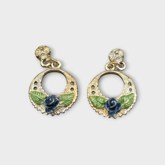 1928 Jewelry - Vintage 1928 Blue Rose Victorian Art Deco Drop Gold Filigree Stud Earrings